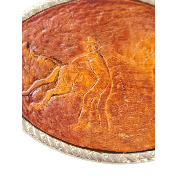 Vintage Embossed Leather Belt SilverTone Rodeo Roper Buckle 1970s Western Cowboy - Picture 7 of 8